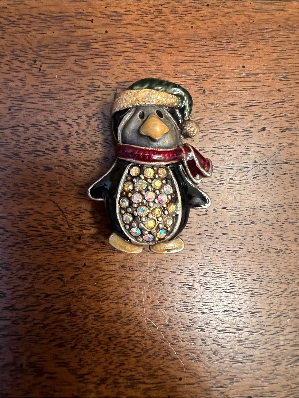 Vintage Holiday Penguin Bird Brooch in Black with Red Scarf and AB Crystals